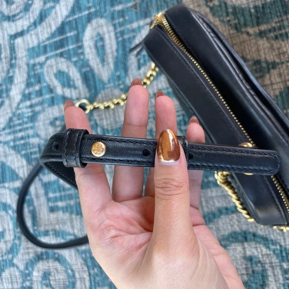 Tory Burch Kira Diamond Quilt Camera Crossbody Bag‎ Black Leather Gold Chain